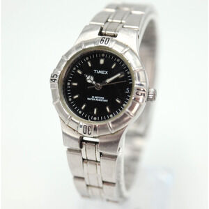 Timex Diver Style Watch 25mm Black Dial Stainless Steel Band 6.5" w New Battery